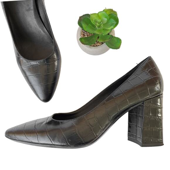 AQUATALIA Peony Black Croc Embossed Pump Size 8.5 Block Heel - Picture 1 of 7